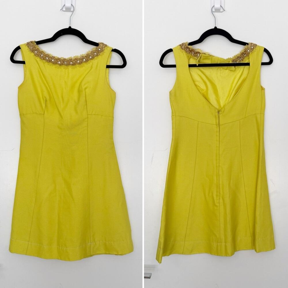 Vintage Date Maker Formals 1960s Yellow Dress with Gold Beaded Neckline